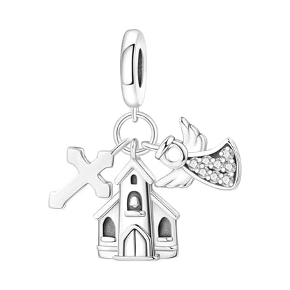 925 Sterling Silver Charms for Bracelets and Necklace Religious Cross Pendants Praying Hands, Bible, Virgin Mary, Jesus, Church Bead Jewelry - color: Church angel cross