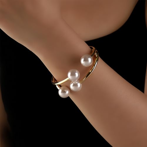 Gold Pearl Hand Cuff Bracelets for Women Chunky Large Pearls Cuffs Statement Bracelet Luxury Big Fake Faux Pearl Ball Handcuffs Jewelry Unique Pearly Gifts - color: Gold