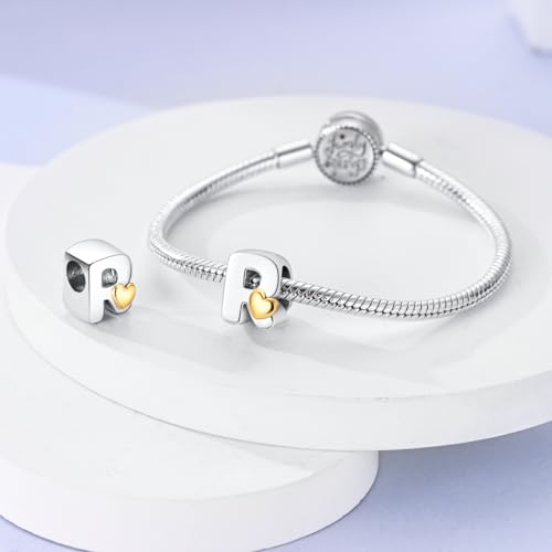 925 Sterling Silver Letter Charms A-Z for Bracelet Necklace Alphabet Bead | Heart letter A B C D G J charm initial gold Pendant beads Jewelry Gift for Women - color: Letter R