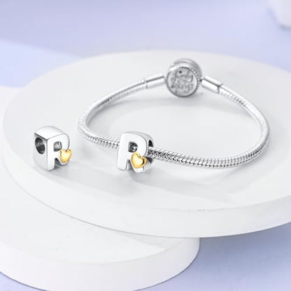 925 Sterling Silver Letter Charms A-Z for Bracelet Necklace Alphabet Bead | Heart letter A B C D G J charm initial gold Pendant beads Jewelry Gift for Women - color: Letter R