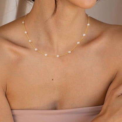 Pearl Necklace for Women, Dainty Pearls Choker Necklace for Women 14K Gold Plated Layered Pendant Necklace Handmade Gold Chain Necklace Everyday Jewelry Gift - color: Satellite Pearl-Gold
