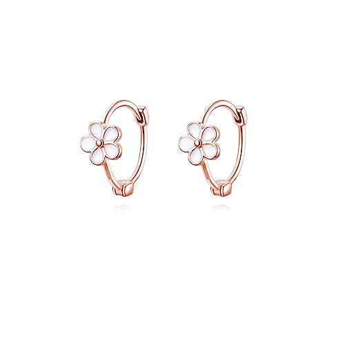 Reffeer Solid 925 Sterling Silver Flower Hoop Earrings Huggie for Women Teen Girls Daisy Hoop Earrings Cartilage Helix Earrings - color: C-Rose Color