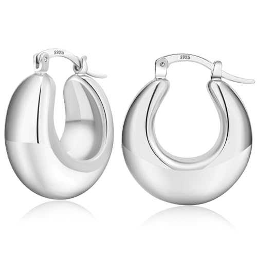 PABBEU Chunky Silver Hoops Earrings for Women Hypoallergenic | Lightweight 925 Sterling Silver Oval Hoop Earring, Sterling Silver Thick Hoop Earrings for Women Gift 25/28/30/38/40mm - color: 25mm Silver