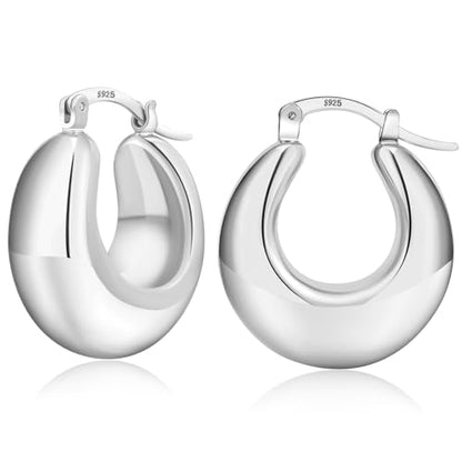 PABBEU Chunky Silver Hoops Earrings for Women Hypoallergenic | Lightweight 925 Sterling Silver Oval Hoop Earring, Sterling Silver Thick Hoop Earrings for Women Gift 25/28/30/38/40mm - color: 25mm Silver