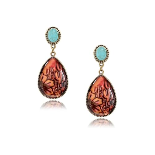 Boho Western Earrings for Women Western Feather Earrings Vintage Concho Turquoise Teardrop Dangle Earrings Country Concert Jewelry Accessories - style: Silver Brown Turquoise