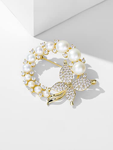 2 Pcs Butterfly Pearl Brooch Pin Wreath Pin Safety Pin Wedding Bridal Brooches Women Crystal Rhinestones Brooch Collar Lapel Pin Badge for Dress Shirts Coat - Gold Silver