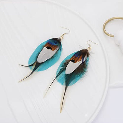 Bohemian Pheasant Peacock Long Feathers Statement Earrings Handmade Natural Lightweight Feather Dangle Earrings for Women (ea000071) - color: Short Blue