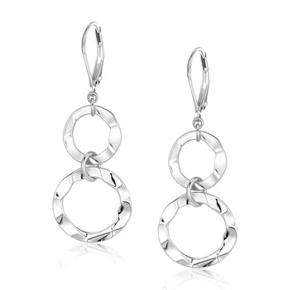 ALEXCRAFT Gold Hammered Double Circle Leverback Dangle Earrings | Hypoallergenic, Drop Handmade, Hammered Round, Minimalist Boho - color: Hammered-Silver