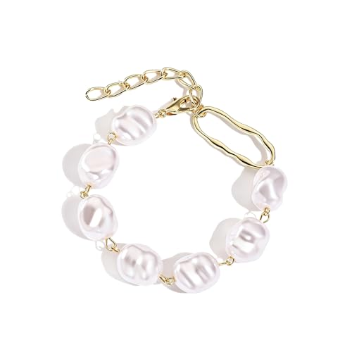 Baroque Pearl Bracelet for Women Elegant Gold Plated Irregular Chunky Pearls Bracelets Summer Starfish Seashell Conch Cuff Bracelets Jewelry for Vacation - color: gold white