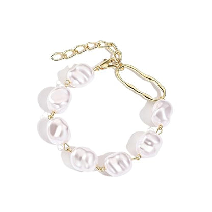 Baroque Pearl Bracelet for Women Elegant Gold Plated Irregular Chunky Pearls Bracelets Summer Starfish Seashell Conch Cuff Bracelets Jewelry for Vacation - color: gold white