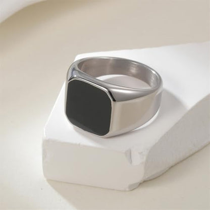 PAURO Unisex Stainless Steel Minimalist Square Enamel Signet Ring Plated Glossy Wedding Band - color: Silver Black