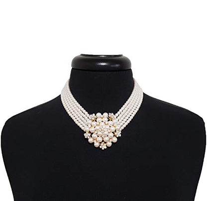 Fashion 21 5 Rows Rhinestone Accented Simulated Floral Pearl Cluster Necklace, Clip on Earring 2 Set - color: Cream