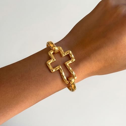 Moodear Chunky Gold Bangle Bracelets for Women, 14K Gold Plated/Silver Cuff | Chunky Statement Jewelry with Hammered Texture, Non Tarnish Gold Plated Finish, Unique Cuff Design, Lightweight Comfort - style: Cross Bangle Gold 18.5cm （≈7IN）