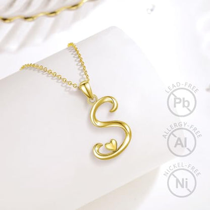 CELESTIA 925 Sterling Silver Initial Necklaces 26 Letter with Rose Gold Heart - 18 Inch Chain - color: Gold-S