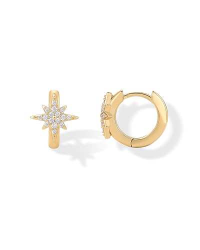 PAVOI 14K Gold Plated 925 Sterling Silver Posts Small Huggie Hoop Earrings for Women - Trendy Celestial North Star, Butterfly, Heart Hoop Earrings - Cubic Zirconia Cute Gold Motif Jewelry - Valentines Day Trendy Jewelry - style: North Star