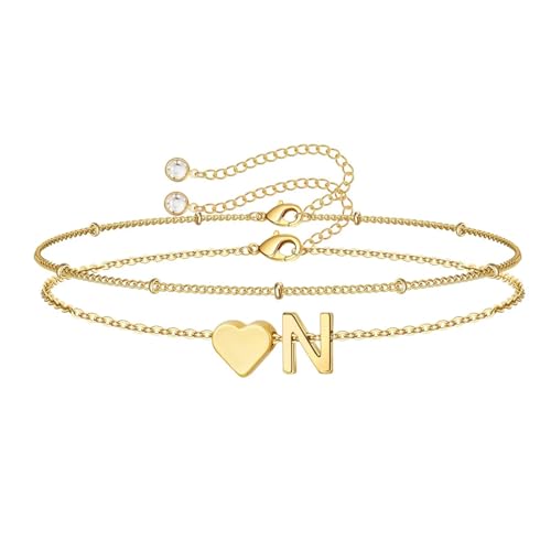 M MOOHAM Initial Bracelets for Women Teen Girls - Heart Letter A-Z Bracelet | Dainty 14K Gold Plated Jewelry, Heart Initial Bracelet, Bracelets for Women Girls Trendy, Birthday Gifts for Women Girls Her - color: Gold - N