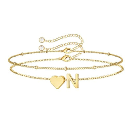 M MOOHAM Initial Bracelets for Women Teen Girls - Heart Letter A-Z Bracelet | Dainty 14K Gold Plated Jewelry, Heart Initial Bracelet, Bracelets for Women Girls Trendy, Birthday Gifts for Women Girls Her - color: Gold - N