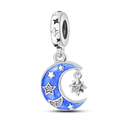 14K Gold Plated Charms for Bracelets Necklace Star Moon Cross Beads Woman | 925 Sterling Silver Charms Butterfly Cute Cat Dog Evil Eye Lucky Bracelet Beads Aesthetic Peandant Jewelry Gift for Mom - color: blue moon charm