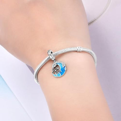 925 Sterling Silver Charms Bead for Bracelets Necklaces, Star Moon Crescent Sun Solar Pendent, Blue Ocean Starfish Shells Turtle Crab Starry Sea Cute Jewelry Birthday Gifts for Women Men - style: Sea waves charms