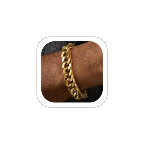 FaithHeart Mens Stainless Steel Cuban Link Bracelet, Tarnish Resistant | 6/8/12/17mm Silver/Black/Gold Sturdy Hip Hop Wrist Chain Bracelets Daily Wear with Gift Box, 7.5"/8.3"/9.1" Length - color: Gold-12mm Width, size: Length 8.3 Inches