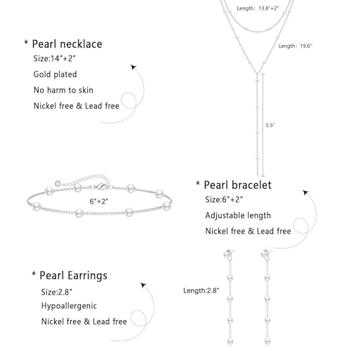 Zeffy Gold Pearl Necklace for Women, Dainty 14K Gold/Silve Plated Layered Pearl Choker Pearl Earrings Pearl Bracelets Wedding Trendy Gold Jewelry Set for Women Gifts - style: Silver Pearl Y Necklace&Drop Earrings&Bracelet-3PCS