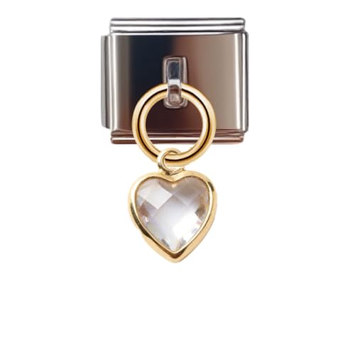 Birthstone Heart Dangle Charm for 9mm Italian Charm Bracelet, Stainless Steel with Birth Stone, Birthday Gift - color: April