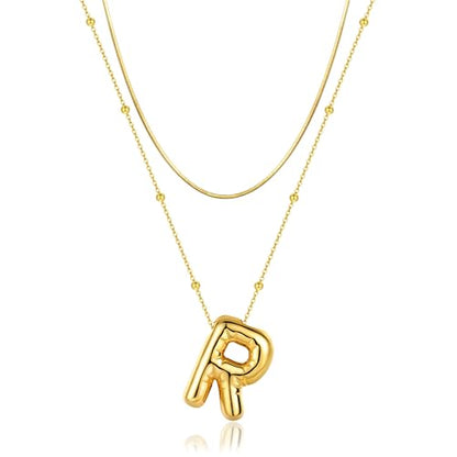 LUCA SMITH 2-Piece Initial Necklaces for Women, Dainty Balloon Bubble A-Z Letter Necklace Set, Name Letter Alphabet Pendant Layered Choker Necklaces Personalized Jewelry Gift - color: Gold bubble letter necklace, style: Initial Set-R