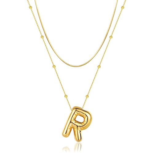 LUCA SMITH 2-Piece Initial Necklaces for Women, Dainty Balloon Bubble A-Z Letter Necklace Set, Name Letter Alphabet Pendant Layered Choker Necklaces Personalized Jewelry Gift - color: Gold bubble letter necklace, style: Initial Set-R