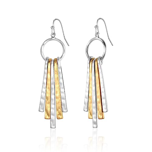 Antique Gold Hammered Disc Drop Earrings Boho Earrings with Two Tone Jewelry Gift - color: AMZ-EH21327A