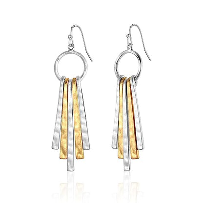 Antique Gold Hammered Disc Drop Earrings Boho Earrings with Two Tone Jewelry Gift - color: AMZ-EH21327A