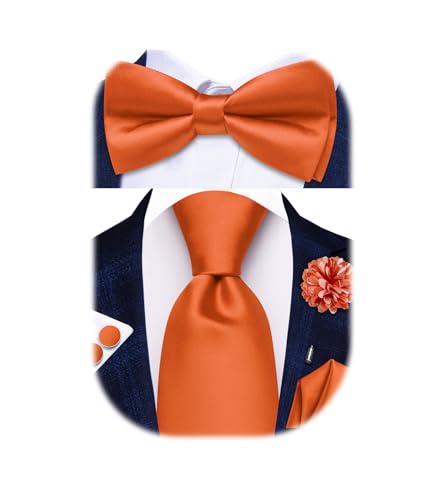 Hi-Tie 5Pcs Mens Solid Color Silk Tie Satin Pretied Bowtie Lapel Pin for Men Handkerchief Cufflink Wedding Gift Box - color: Burn Orange