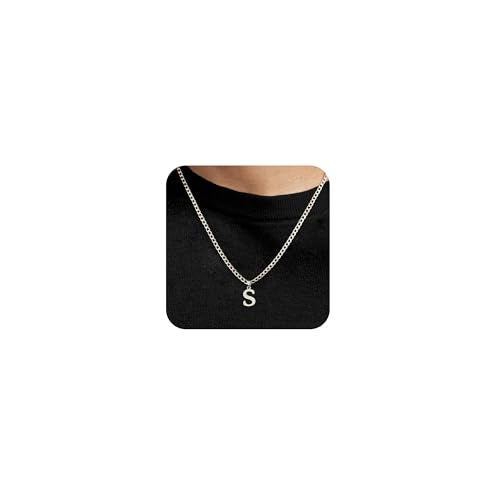 Silver Initial Necklace for Men Letter Pendant Cuban Link Chain | Stainless Steel 4mm 20 Inch Chain Non Tarnish Silver Plated A-Z Capital Name Charm Custom Personalized Jewelry Gift for Man - style: Silver:S