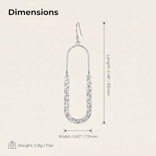 14K Gold Plated Texture Geometric Earrings, Simple Oval Hammered Hoop Drop Dangle Earrings for Women, Lightweight Dangly Minimalist Jewelry - color: Oval-Silver