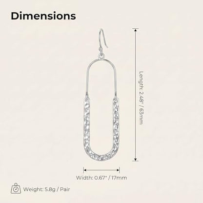 14K Gold Plated Texture Geometric Earrings, Simple Oval Hammered Hoop Drop Dangle Earrings for Women, Lightweight Dangly Minimalist Jewelry - color: Oval-Silver