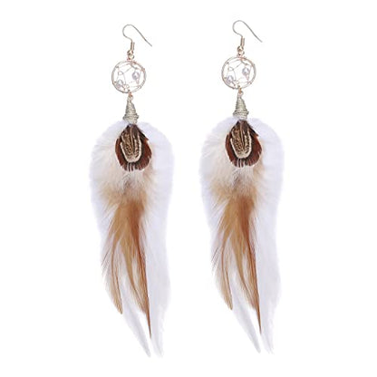 Bohemian Pheasant Peacock Long Feathers Statement Earrings Handmade Natural Lightweight Feather Dangle Earrings for Women (ea000071) - color: Dreamcatcher Brown