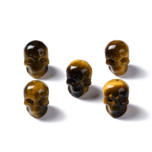 Elecrelive 5Pcs Gemstone Carved Skull Beads Yellow Tigers Eye Stone Skeleton Head Beads for Halloween Necklace Bracelets Earrings Jewelry Making - color: Tawny