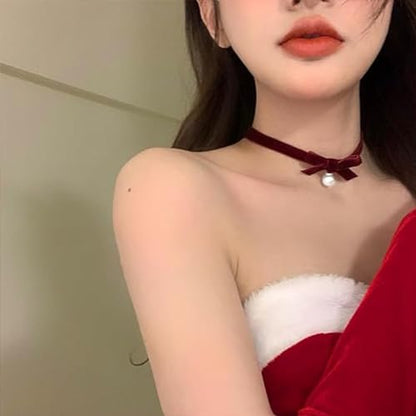 Bow Necklace for Women Dainty Velvet Ribbon Choker Necklaces Red Black Bow Choker Pearl Bell Heart Pendant Necklace Winter Holiday Necklace Cute Bow Knot Necklace for Christmas New Year Gifts - color: Red+pearl
