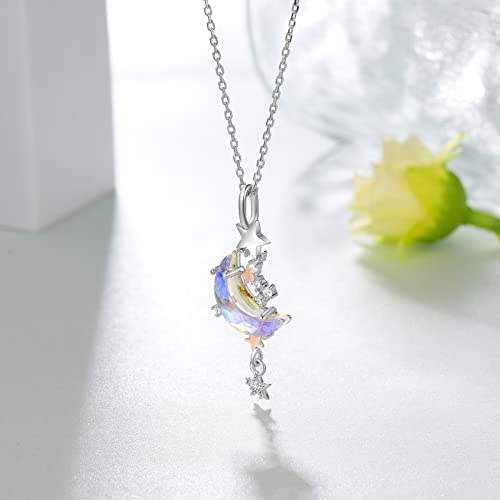 Moonstone Moon Star Necklace for Women 925 Sterling Silver Created Cubic Zirconia Stars Moon Necklaces Anniversary Birthday Jewelry Gift for Women Mom Wife