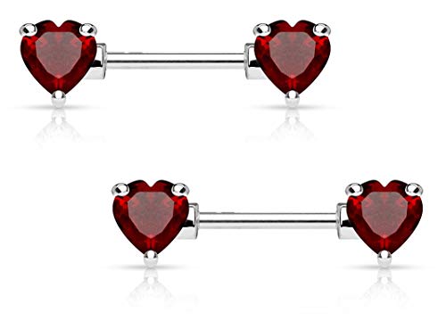 Forbidden Body Jewelry Pair of Surgical Steel 1/2-5/8 Inch (12-16mm) Cubic Zirconia Crystal Double Heart Nipple Barbells - style: Red