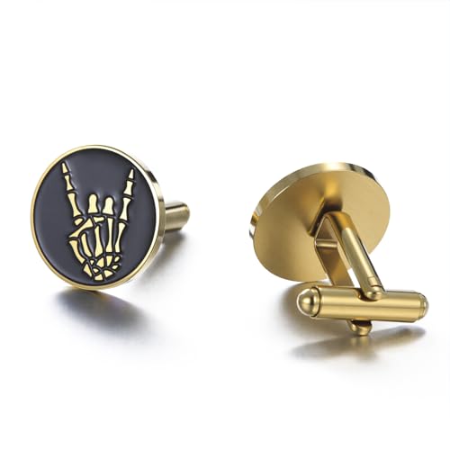 Dreamtimes Rock Skull Hand Cufflinks Halloween Shirt Cufflinks Figurine Sign Language Cuff Links Rock On Hand Gesture Stainless Steel Novelty Cuff Links for Men - style: Style 2-G