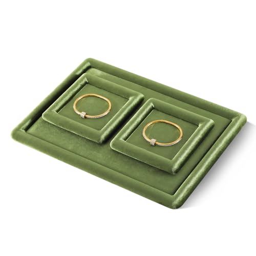 Velvet Jewelry Display Tray for Ring Earrings Necklace Bracelet Flat Tray - color: Olive Green, size: 5.12 × 5.12 in