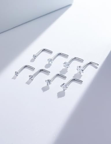 18G 20G 14K Gold Filled Nose Rings Studs Piercing Jewelry For Women Men 316L Surgical Steel Round Square Cubic Zirconia Nose Rings Studs Nostrial Piercing Jewelry CZ 1.5mm 2mm 2.5mm 3mm - color: Silver, size: 18 Gauge-L Shaped-Round and Square CZ