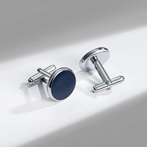 wynameleri Mens Cufflinks and Studs Set Blanks Round 4 Colors Shirt Tuxedo Buttons Packed in Cufflink Box for Business Wedding Jewelry - color: Navy Blue