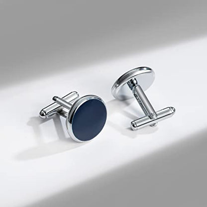 wynameleri Mens Cufflinks and Studs Set Blanks Round 4 Colors Shirt Tuxedo Buttons Packed in Cufflink Box for Business Wedding Jewelry - color: Navy Blue