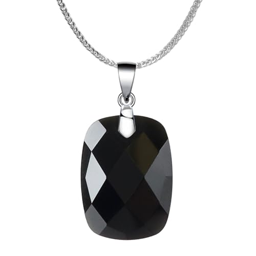 iSTONE 925 Sterling Silver Natural Crytral for Womens Pendant Necklace, Gemstone Birthstone with 17.8" Silver Chain Ladies - color: Rectangle - Obsidian