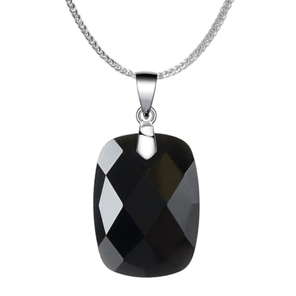iSTONE 925 Sterling Silver Natural Crytral for Womens Pendant Necklace, Gemstone Birthstone with 17.8" Silver Chain Ladies - color: Rectangle - Obsidian