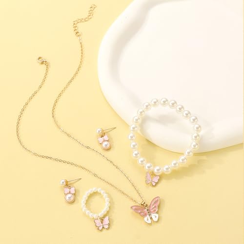 GIGB PBDK 4pcs Pearl Necklace Jewelry Set for Women Fashion Adjustable Bead Butterfly Pendant Choker Minimalist Pearl Earrings Bracelet Y2K Jewelry Gifts