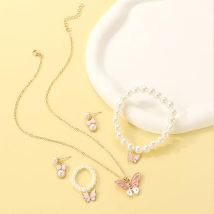 GIGB PBDK 4pcs Pearl Necklace Jewelry Set for Women Fashion Adjustable Bead Butterfly Pendant Choker Minimalist Pearl Earrings Bracelet Y2K Jewelry Gifts
