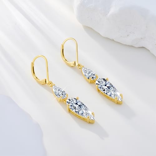 ALEXCRAFT Silver Long Teardrop Dangle Earrings for Women Hypoallergenic Cubic Zirconia Drop Leverback Earrings Trendy CZ 2-Stone Long Crystal Teardrop Dangle Earings for Jewelry Gifts - color: Gold