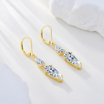 ALEXCRAFT Silver Long Teardrop Dangle Earrings for Women Hypoallergenic Cubic Zirconia Drop Leverback Earrings Trendy CZ 2-Stone Long Crystal Teardrop Dangle Earings for Jewelry Gifts - color: Gold